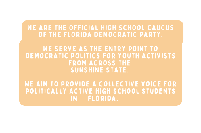 We are the official high school caucus of the florida democratic party We serve as the entry point to democratic politics for youth activists from across the sunshine state We aim to provide a collective voice for politically active high school students in florida