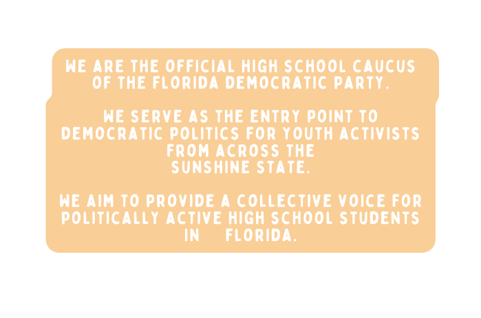 We are the official high school caucus of the florida democratic party We serve as the entry point to democratic politics for youth activists from across the sunshine state We aim to provide a collective voice for politically active high school students in florida